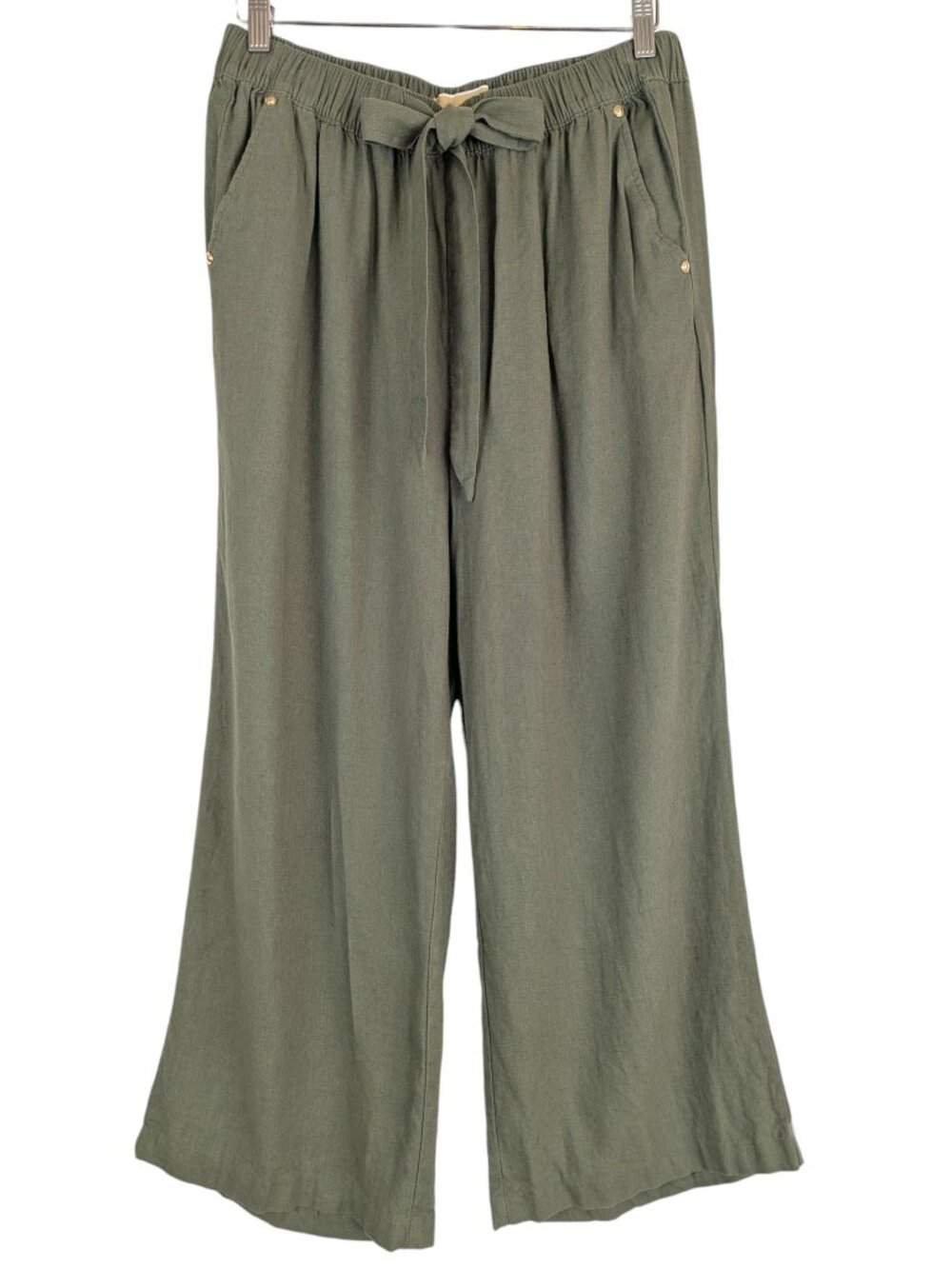 Michael Kors Linen Blend Pants Olive Green Cropped Wide Leg Tie Waist Size M